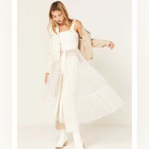 Flying tomato womens denim sheer mesh tiered midi dress